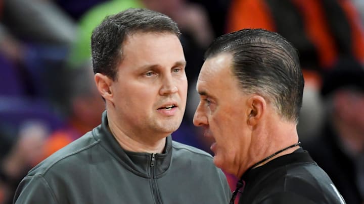 NC State Wolfpack head coach Will Wade talks to an official Tuesday, Jan. 20, 2026, during the NCAA men’s basketball game against the Clemson Tigers at Littlejohn Coliseum in Clemson, South Carolina.
