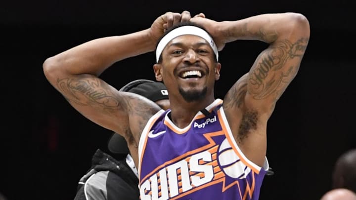Jan 7, 2025; Charlotte, North Carolina, USA;  Phoenix Suns guard Bradley Beal (3) reacts after scoring during the first half against the Charlotte Hornets at the Spectrum Center. Mandatory Credit: Sam Sharpe-Imagn Images