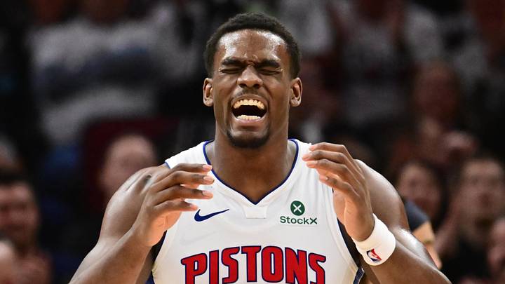 May 11, 2026; Cleveland, Ohio, USA; Detroit Pistons center Jalen Duren (0) reacts after a play against the Cleveland Cavaliers during the second half of game four in the second round of the 2026 NBA Playoffs at Rocket Arena. Mandatory Credit: Ken Blaze-Imagn Images