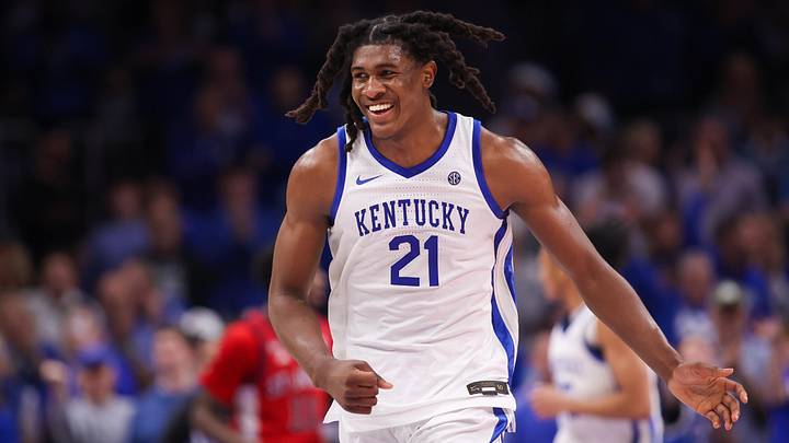Dec 20, 2025; Atlanta, Georgia, USA; Kentucky Wildcats forward Jayden Quaintance (21) shows emotion against the St. John Red Storm in the second half at State Farm Arena. Mandatory Credit: Brett Davis-Imagn Images