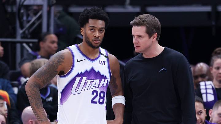 Jan 27, 2026; Salt Lake City, Utah, USA; Utah Jazz forward Brice Sensabaugh (28) and head coach Will Hardy speak during a second half break in action against the LA Clippers at Delta Center. Mandatory Credit: Rob Gray-Imagn Images Jan 27, 2026; Salt Lake City, Utah, USA; Utah Jazz forward Brice Sensabaugh (28) and head coach Will Hardy speak during a second half break in action against the LA Clippers at Delta Center. Mandatory Credit: Rob Gray-Imagn Images