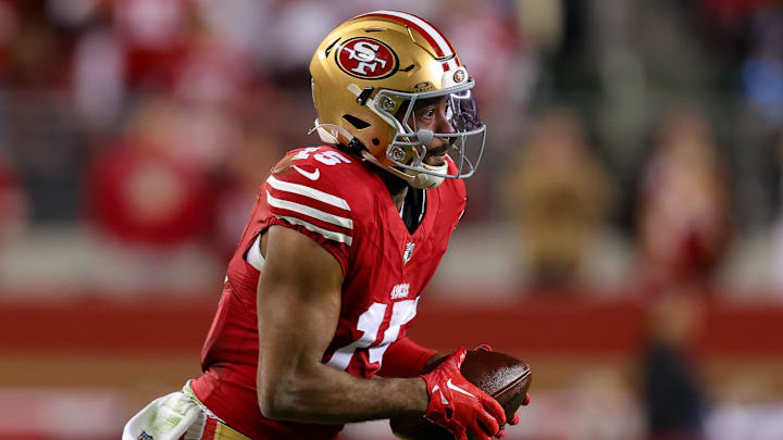 Dec 30, 2024; Santa Clara, California, USA; San Francisco 49ers wide receiver Jauan Jennings (15) during the game against the Detroit Lions at Levi's Stadium. Mandatory Credit: Sergio Estrada-Imagn Images