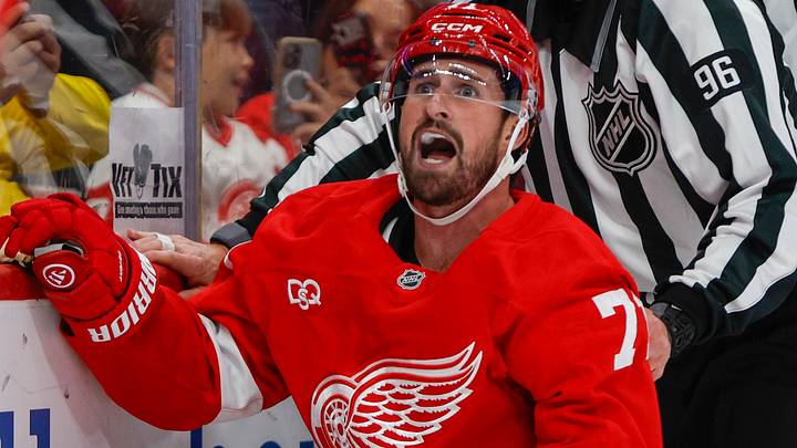 Oct 6, 2026; Detroit, Michigan, USA;  Detroit Red Wings center Dylan Larkin (71) reacts after being knocked down during a fight in the second period against the Ottawa Senators at Little Caesars Arena.  Mandatory Credit: Brian Bradshaw Sevald-Imagn Images