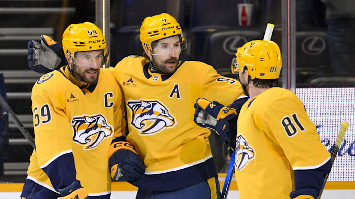 Mar 24, 2026; Nashville, Tennessee, USA; Nashville Predators defenseman Roman Josi (59) celebrates with his teammates after scoring a goal against the San Jose Sharks during the first period at Bridgestone Arena. Mandatory Credit: Steve Roberts-Imagn Images Mar 24, 2026; Nashville, Tennessee, USA; Nashville Predators defenseman Roman Josi (59) celebrates with his teammates after scoring a goal against the San Jose Sharks during the first period at Bridgestone Arena. Mandatory Credit: Steve Roberts-Imagn Images