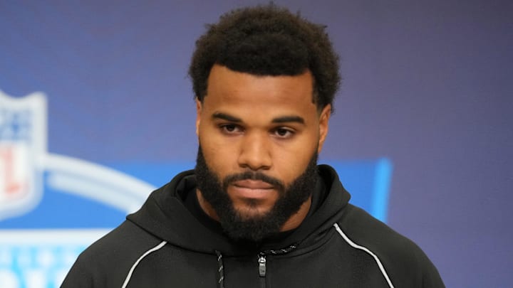 Miami defensive lineman Akheem Mesidor speaks during the NFL Scouting Combine at the Indiana Convention Center. Miami defensive lineman Akheem Mesidor speaks during the NFL Scouting Combine at the Indiana Convention Center.