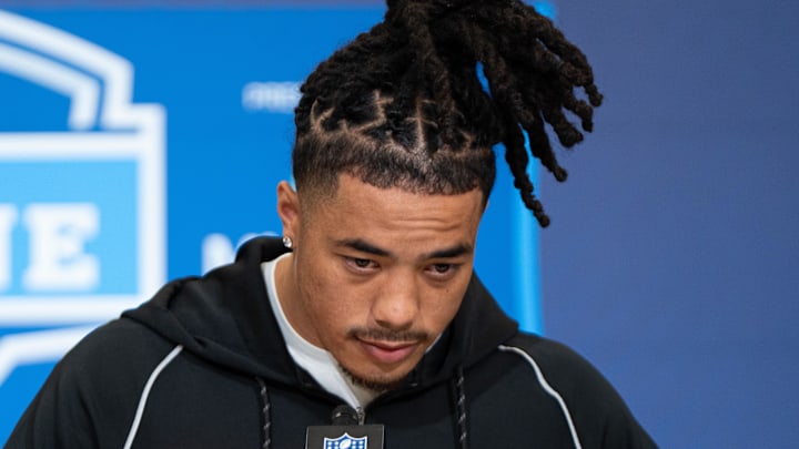 Feb 27, 2026; Indianapolis, IN, USA; Southern California wideout Makai Lemon (WO29) speaks to members of the media during the NFL Combine at the Indiana Convention Center. Mandatory Credit: Jacob Musselman-Imagn Images
