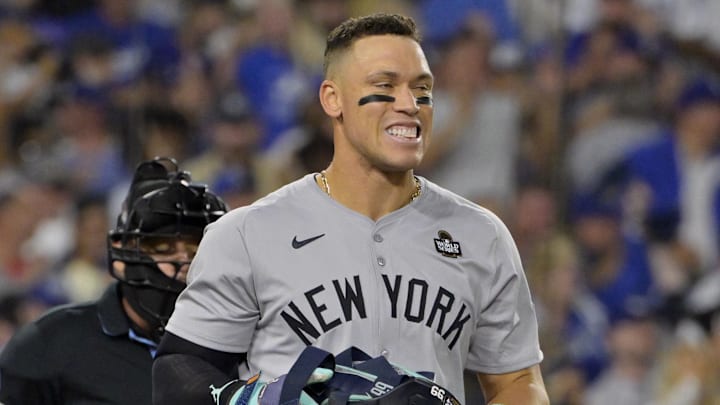 Oct 26, 2024; Los Angeles, California, USA; New York Yankees outfielder Aaron Judge (99) reacts after striking out in the sixth inning against the Los Angeles Dodgers during game two of the 2024 MLB World Series at Dodger Stadium. 