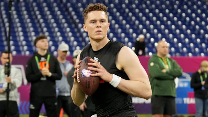 Mar 1, 2025; Indianapolis, IN, USA; Missouri quarterback Brady Cook (QB02) during the 2025 NFL Combine at Lucas Oil Stadium. Mandatory Credit: Kirby Lee-Imagn Images