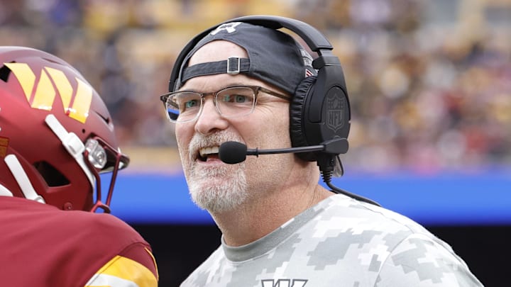 Nov 10, 2024; Landover, Maryland, USA; Washington Commanders head coach Dan Quinn looks on from the sidelines against the Pittsburgh Steelers during the second half at Northwest Stadium. Mandatory Credit: Amber Searls-Imagn Images