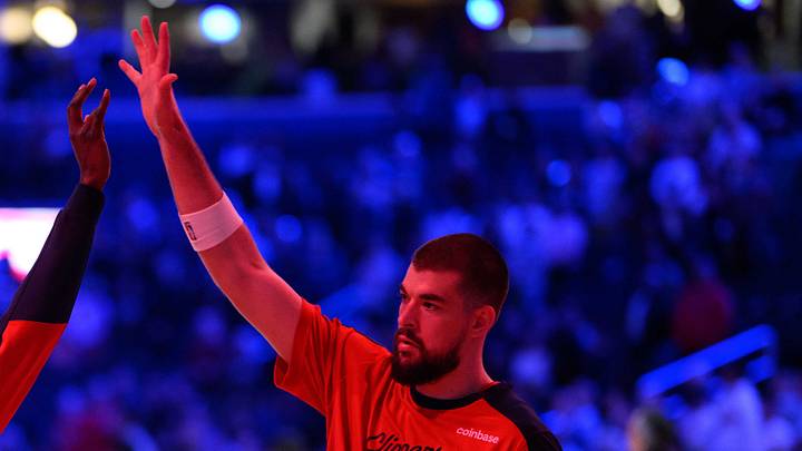 Nov 27, 2024; Washington, District of Columbia, USA; LA Clippers guard James Harden (1) and center Ivica Zubac (40) reacts before the game between the Washington Wizards and the LA Clippers at Capital One Arena. Mandatory Credit: Reggie Hildred-Imagn Images