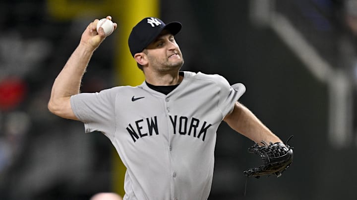 Aug 4, 2025; Arlington, Texas, USA; New York Yankees relief pitcher Jake Bird (59) pitches against the Texas Rangers during the tenth inning at Globe Life Field. Mandatory Credit: Jerome Miron-Imagn Images Aug 4, 2025; Arlington, Texas, USA; New York Yankees relief pitcher Jake Bird (59) pitches against the Texas Rangers during the tenth inning at Globe Life Field. Mandatory Credit: Jerome Miron-Imagn Images