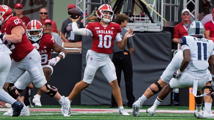 Indiana's Josh Hoover (10) passes during the Indiana versus Howard football game at Memorial Stadium on Saturday, Sept. 12, 2026.