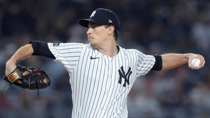 Sep 24, 2025; Bronx, New York, USA; New York Yankees starting pitcher Max Fried (54) pitches against the Chicago White Sox during the first inning at Yankee Stadium. Mandatory Credit: Brad Penner-Imagn Images