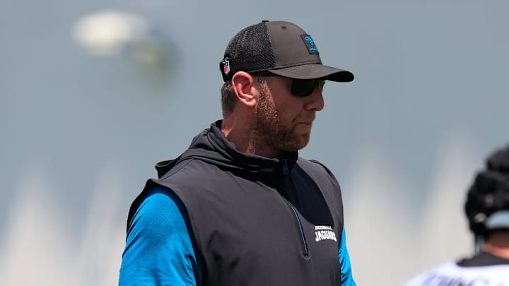 Jacksonville Jaguars head coach Liam Coen walks the field during an NFL training camp session at the Miller Electric Center, Friday Aug. 15, 2025 in Jacksonville, Fla. [Corey Perrine/Florida Times-Union]