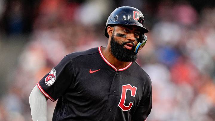 Cleveland Guardians right fielder Jo Adell (7) bats a two run home run