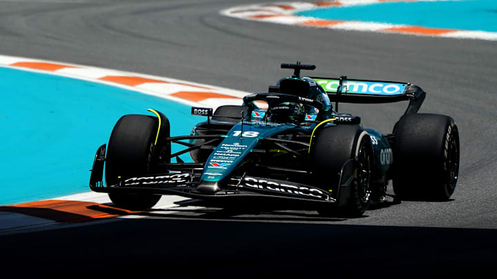 May 3, 2024; Miami Gardens, Florida, USA; Aston Martin driver Lance Stroll (18) races into turn three during F1 practice at Miami International Autodrome. Mandatory Credit: John David Mercer-Imagn Images May 3, 2024; Miami Gardens, Florida, USA; Aston Martin driver Lance Stroll (18) races into turn three during F1 practice at Miami International Autodrome. Mandatory Credit: John David Mercer-Imagn Images