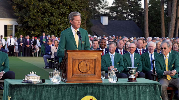 Fred Ridley speaks during the trophy ceremony after the final round of the 2024 Masters.