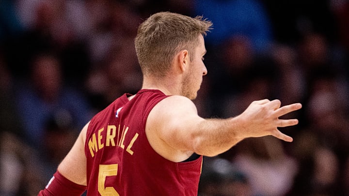 Mar 7, 2025; Charlotte, North Carolina, USA; Cleveland Cavaliers guard Sam Merrill (5) celebrates a three point basket against the Charlotte Hornets during the second quarter at Spectrum Center. Mandatory Credit: Scott Kinser-Imagn Images Mar 7, 2025; Charlotte, North Carolina, USA; Cleveland Cavaliers guard Sam Merrill (5) celebrates a three point basket against the Charlotte Hornets during the second quarter at Spectrum Center. Mandatory Credit: Scott Kinser-Imagn Images