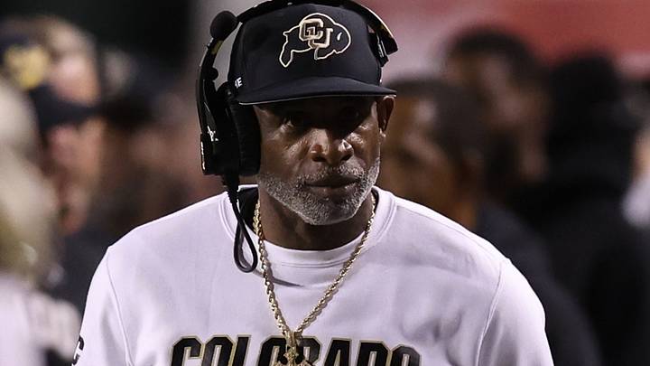 Colorado Buffaloes head coach Deion Sanders looks on during a time out in the game against the Utah Utes during the second quarter at Rice-Eccles Stadium. Mandatory Credit: Rob Gray-Imagn Images