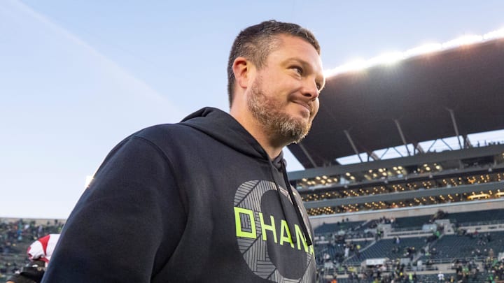 Oregon head coach Dan Lanning walks off after his win as the Oregon Ducks host the USC Trojans on Nov. 22, 2025, at Autzen Stadium in Eugene, Oregon. Oregon head coach Dan Lanning walks off after his win as the Oregon Ducks host the USC Trojans on Nov. 22, 2025, at Autzen Stadium in Eugene, Oregon.