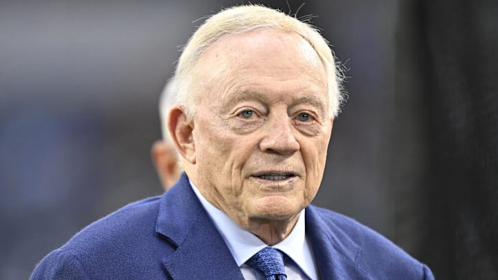 Sep 28, 2025; Arlington, Texas, USA; Dallas Cowboys owner Jerry Jones looks on before the game against the Green Bay Packers at AT&T Stadium. Mandatory Credit: Jerome Miron-Imagn Images