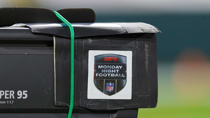 Oct 5, 2020; Green Bay, Wisconsin, USA;  The Monday Night Football logo on a television camera prior to the game between the Atlanta Falcons and Green Bay Packers at Lambeau Field. Mandatory Credit: Jeff Hanisch-Imagn Images