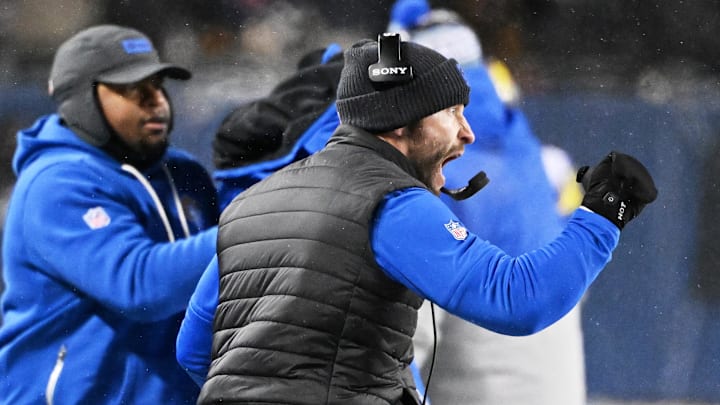 Jan 18, 2026; Chicago, IL, USA; Los Angeles Rams head coach Sean McVay reacts after a defensive stop against the Chicago Bears during the fourth quarter of an NFC Divisional Round game at Soldier Field. Mandatory Credit: Matt Marton-Imagn Images
