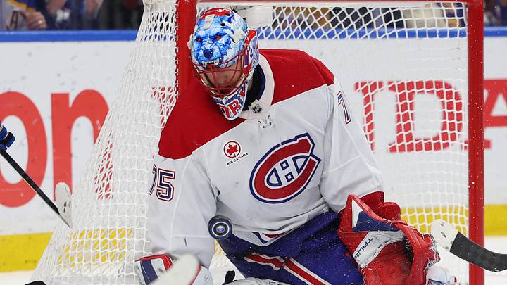 May 18, 2026; Buffalo, New York, USA; Montréal Canadiens goaltender Jakub Dobes (75) looks to make a save during the second period against the Buffalo Sabres in game seven of the second round of the 2026 Stanley Cup Playoffs at KeyBank Center. Mandatory Credit: Timothy T. Ludwig-Imagn Images