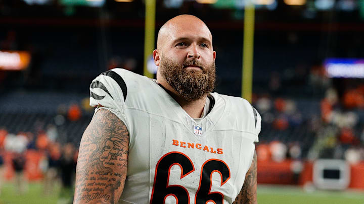 Sep 29, 2025; Denver, Colorado, USA; Cincinnati Bengals guard Dalton Risner (66) looks on after the game against the Denver Broncos at Empower Field at Mile High. Mandatory Credit: Isaiah J. Downing-Imagn Images