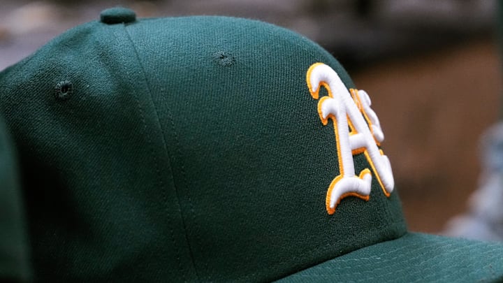 General view of an Athletics cap during the game against the Milwaukee Brewers at American Family Field on April 18, 2025. General view of an Athletics cap during the game against the Milwaukee Brewers at American Family Field on April 18, 2025.