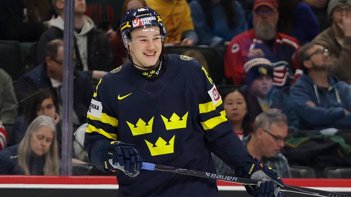 SAINT PAUL, MN - DECEMBER 28: William Hakansson #19 of Sweden laughs between plays during the Preliminary Round - Group A, Game 9 Sweden vs Switzerland - 2026 IIHF World Junior Hockey Championship between Sweden and Switzerland at Grand Casino Arena on December 28, 2025 in Saint Paul, Minnesota. (Photo by Michael Miller/ISI Photos/ISI Photos via Getty Images)