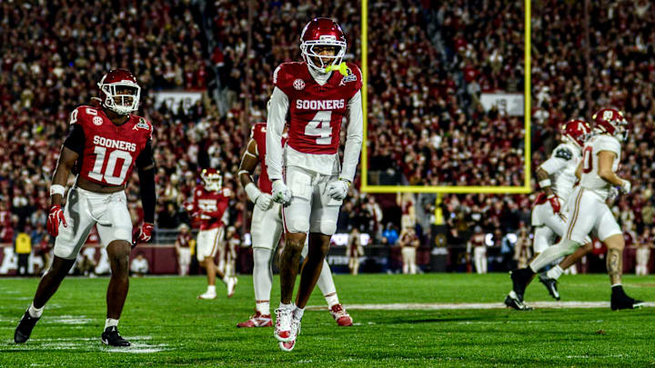 Oklahoma defensive back Courtland Guillory celebrates after a stop against Alabama in the CFP.