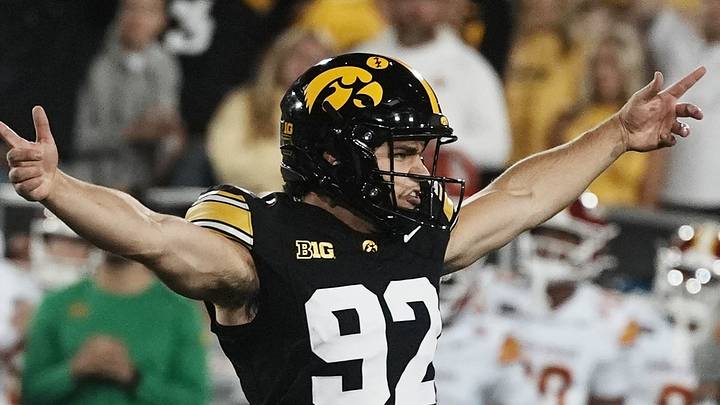 Iowa Hawkeyes kicker Caden Buhr (92) celebrates after kicking the game-winning field goal against Iowa State during the fourth quarter of the Cy-Hawk Series football game at Kinnick Stadium on Sept. 12, 2026, in Iowa City, Iowa. Iowa Hawkeyes kicker Caden Buhr (92) celebrates after kicking the game-winning field goal against Iowa State during the fourth quarter of the Cy-Hawk Series football game at Kinnick Stadium on Sept. 12, 2026, in Iowa City, Iowa.