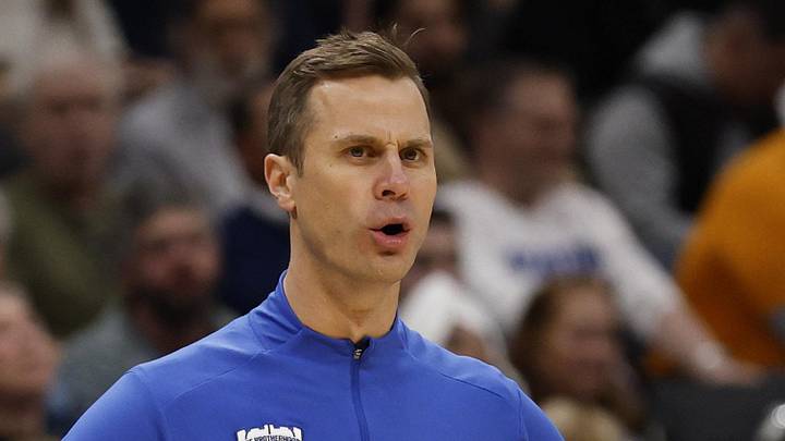 Mar 29, 2026; Washington, DC, USA; Duke Blue Devils head coach Jon Scheyer looks on from the bench against the UConn Huskies during an Elite Eight game of the East Regional of the men's 2026 NCAA Tournament at Capital One Arena. Mandatory Credit: Geoff Burke-Imagn Images