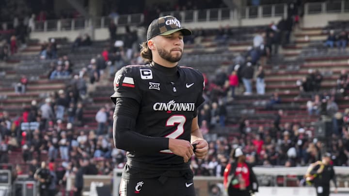 Nov 15, 2025; Cincinnati, Ohio, USA;  Cincinnati Bearcats quarterback Brendan Sorsby walks off the field after his team’s loss to the Arizona Wildcats at Nippert Stadium. Mandatory Credit: Aaron Doster-Imagn Images
