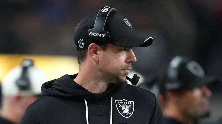 Aug 27, 2026; Paradise, Nevada, USA;  Las Vegas Raiders head coach Klint Kubiak  watches game play against the San Francisco 49ers during the third quarter at Allegiant Stadium.  Mandatory Credit: Kirby Lee-Imagn Images