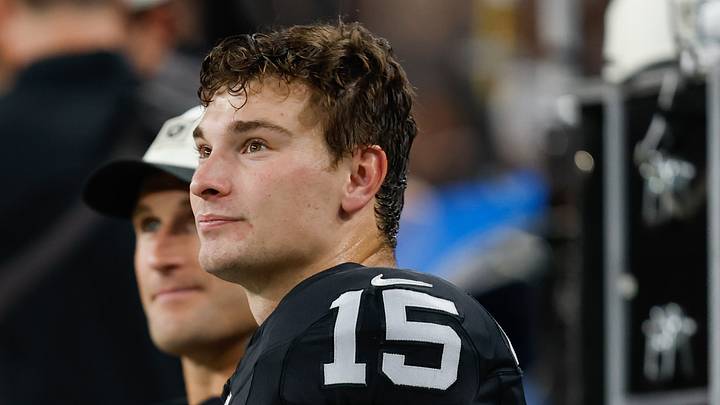 Aug 13, 2026; Paradise, Nevada, USA; Las Vegas Raiders quarterbacks Fernando Mendoza (15) and Kirk Cousins (8) sit on the bench while watching the action on the field during the game against the Arizona Cardinals at Allegiant Stadium. Mandatory Credit: David Brytus-Imagn Images Aug 13, 2026; Paradise, Nevada, USA; Las Vegas Raiders quarterbacks Fernando Mendoza (15) and Kirk Cousins (8) sit on the bench while watching the action on the field during the game against the Arizona Cardinals at Allegiant Stadium. Mandatory Credit: David Brytus-Imagn Images