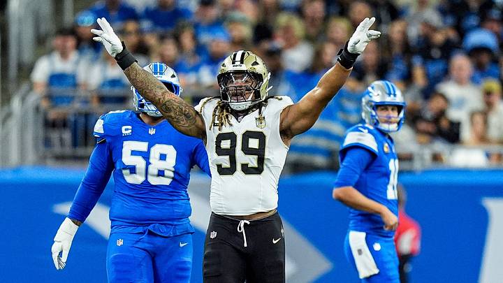 New Orleans Saints edge rusher Chase Young (99) celebrates a play against Detroit Lions during the first half at Ford Field in Detroit on Sunday, Sept. 13, 2026. New Orleans Saints edge rusher Chase Young (99) celebrates a play against Detroit Lions during the first half at Ford Field in Detroit on Sunday, Sept. 13, 2026.