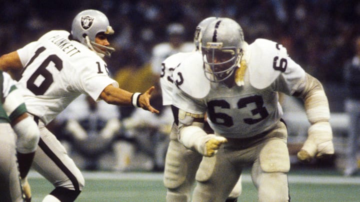 Jan 25, 1981; New Orleans, LA, USA; FILE PHOTO; Oakland Raiders guard Gene Upshaw (63) in action against the Philadelphia Eagles in Super Bowl XV at the Superdome. The Raiders defeated the Eagles 27-10. Mandatory Credit: Manny Rubio-Imagn Images