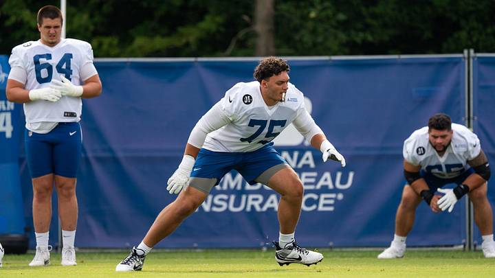 Indianapolis Colts offensive tackle Jalen Travis (75) warms up Friday, July 25, 2025, ahead of training camp held at Grand Park in Westfield.