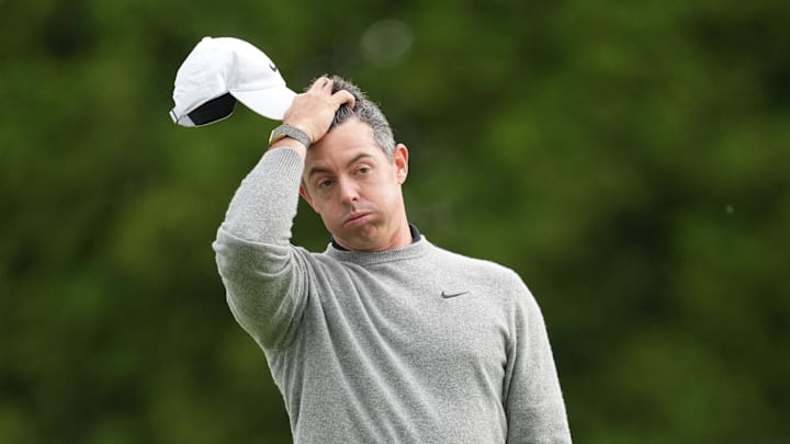 Rory McIlroy reacts on the 13th hole during the second round of the 2026 PGA Championship