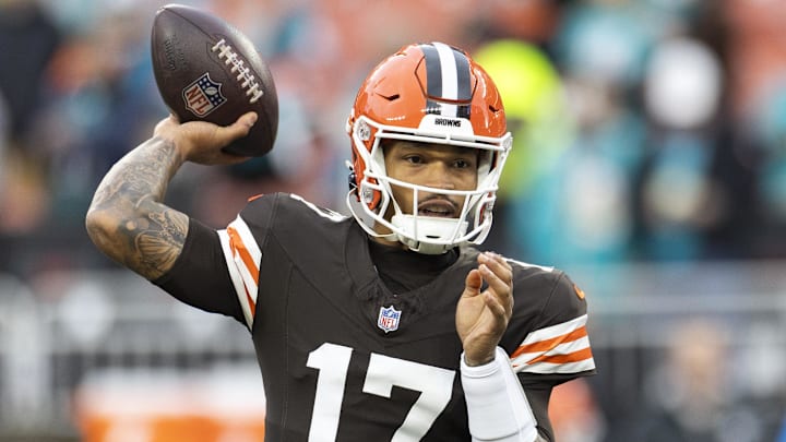 Dec 29, 2024; Cleveland, Ohio, USA; Cleveland Browns quarterback Dorian Thompson-Robinson (17) throws the ball during warm ups before the game against the Miami Dolphins at Huntington Bank Field. Mandatory Credit: Scott Galvin-Imagn Images Dec 29, 2024; Cleveland, Ohio, USA; Cleveland Browns quarterback Dorian Thompson-Robinson (17) throws the ball during warm ups before the game against the Miami Dolphins at Huntington Bank Field. Mandatory Credit: Scott Galvin-Imagn Images
