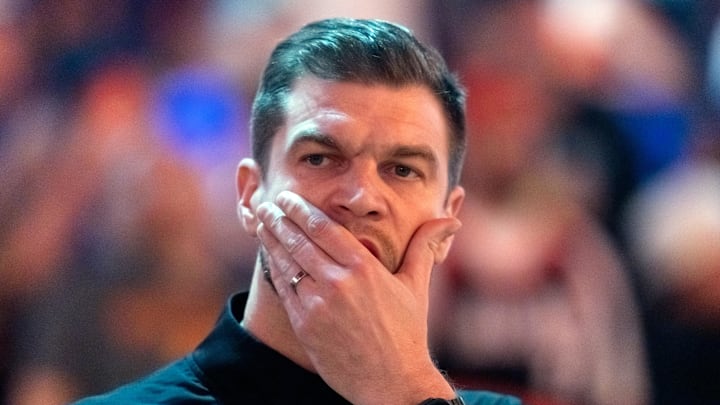 Apr 14, 2026; Phoenix, Arizona, USA; Portland Trail Blazers acting head coach Tiago Splitter reacts against the Phoenix Suns during the play-in rounds of the 2026 NBA Playoffs at Mortgage Matchup Center. Mandatory Credit: Mark J. Rebilas-Imagn Images