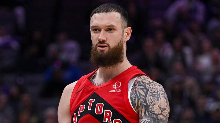 Jan 21, 2026; Sacramento, California, USA; Toronto Raptors forward/center Sandro Mamukelashvili (54) looks to his bench after making a three-point shot against the Sacramento Kings during the third quarter at Golden 1 Center. Mandatory Credit: Ed Szczepanski-Imagn Images
