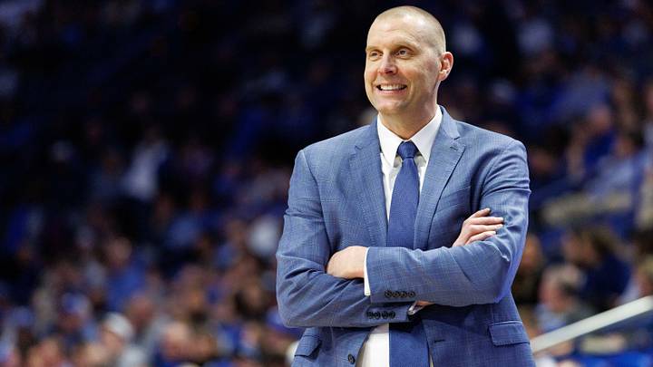 Feb 8, 2025; Lexington, Kentucky, USA; Kentucky Wildcats head coach Mark Pope smiles as he watches the action during the second half against the South Carolina Gamecocks at Rupp Arena at Central Bank Center. Mandatory Credit: Jordan Prather-Imagn Images Feb 8, 2025; Lexington, Kentucky, USA; Kentucky Wildcats head coach Mark Pope smiles as he watches the action during the second half against the South Carolina Gamecocks at Rupp Arena at Central Bank Center. Mandatory Credit: Jordan Prather-Imagn Images