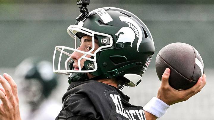 Michigan State quarterback Alessio Milivojevic throws a pass during football practice on Thursday, Aug. 6, 2026, in East Lansing. Michigan State quarterback Alessio Milivojevic throws a pass during football practice on Thursday, Aug. 6, 2026, in East Lansing.