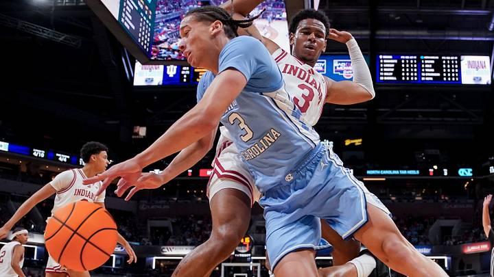 Oct 18, 2026; Indianapolis, IN, USA; North Carolina Tar Heels guard Matt Able (3) dribbles out of bounds against Indiana Hoosiers guard Jaeden Mustaf (3) during the first half at Gainbridge Fieldhouse. Mandatory Credit: Robert Goddin-Imagn Images Oct 18, 2026; Indianapolis, IN, USA; North Carolina Tar Heels guard Matt Able (3) dribbles out of bounds against Indiana Hoosiers guard Jaeden Mustaf (3) during the first half at Gainbridge Fieldhouse. Mandatory Credit: Robert Goddin-Imagn Images