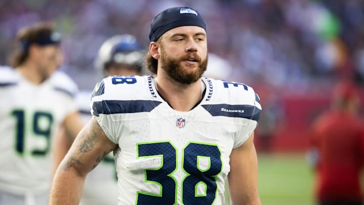 Dec 8, 2024; Glendale, Arizona, USA; Seattle Seahawks tight end Brady Russell (38) against the Arizona Cardinals at State Farm Stadium.