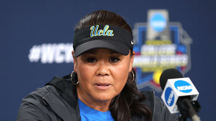 UCLA head softball coach Kelly Inouye-Perez speaks to the media during media day for the Women's College World Series at Devon Park in Oklahoma City, Wednesday, May, 29, 2024.