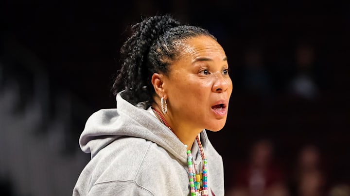 Nov 23, 2025; Columbia, South Carolina, USA; South Carolina coach Dawn Staley directs her team on November 23, 2025 against the Queens Royals in the second half at Colonial Life Arena. Mandatory Credit: Jeff Blake-Imagn Images